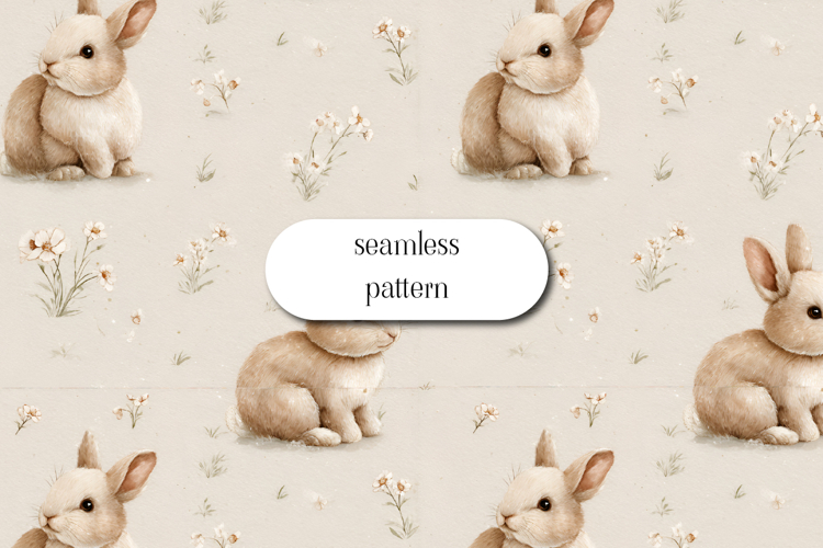 Cute bunny floral seamless pattern neutral watercolor