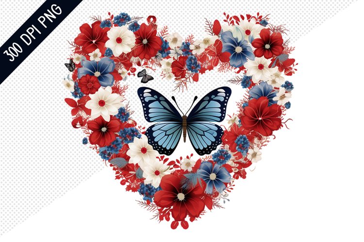 Butterfly And Floral Heart - 4Th Of July Sublimation Design
