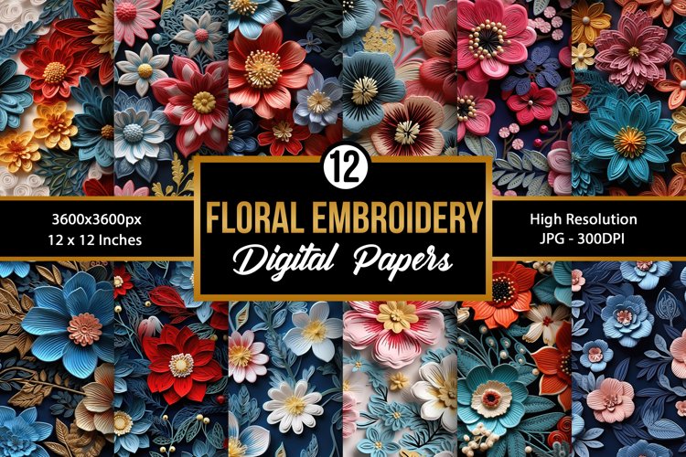 Embroidery Flowers Seamless Pattern Digital Papers