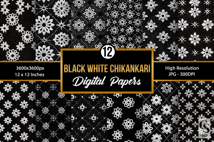 Black White Chikankari Embroidery Seamless Patterns