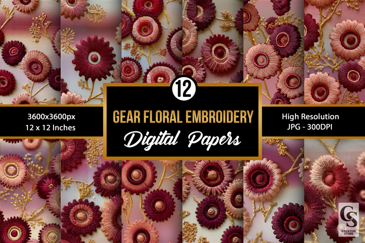 Gear Floral Embroidery Seamless Patterns