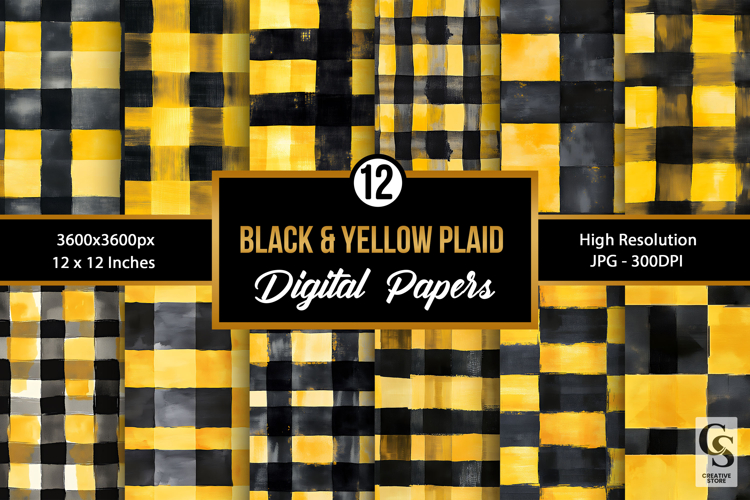 Black and Yellow Watercolor Plaid Digital Papers