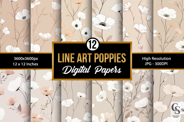 Line Art Poppy Flowers, Minimalist Botanical Drawing Pattern