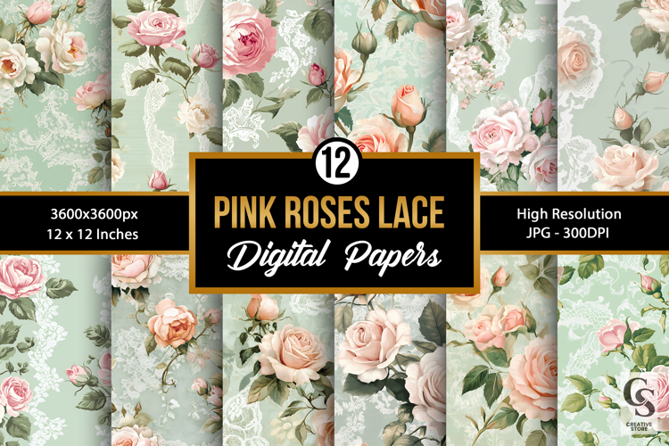 Pastel Pink Roses & Green Lace Patterns