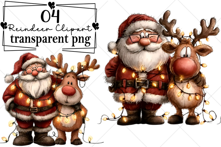 Santa & Reindeer Christmas Clipart Watercolor PNG