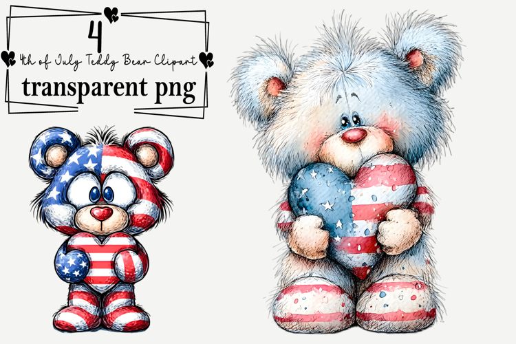 4th of July Teddy Bear Clipart Watercolor PNG