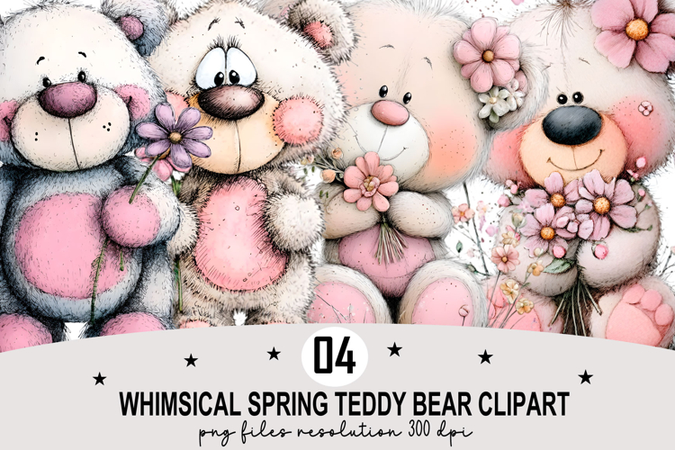 Whimsical Spring Teddy Bear Clipart Watercolor PNG