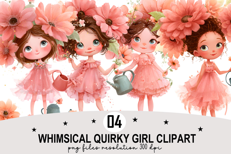 Whimsical Quirky Girl Clipart Watercolor PNG