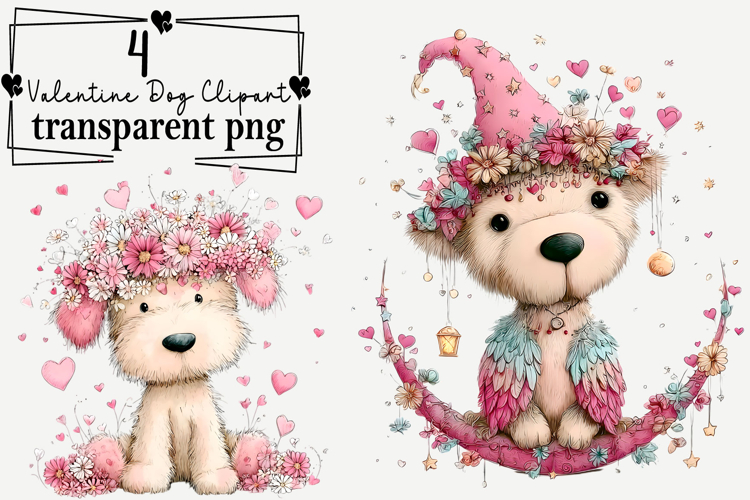 Valentine's Day Dog Clipart Watercolor PNG example image 1