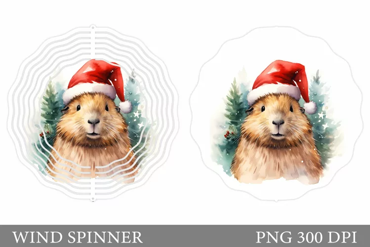 Christmas Capybara Wind Spinner. Capybara Watercolor Spinner