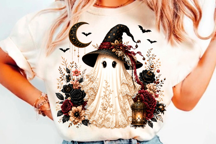 Elegant gothic ghost witch Halloween floral t shirt design
