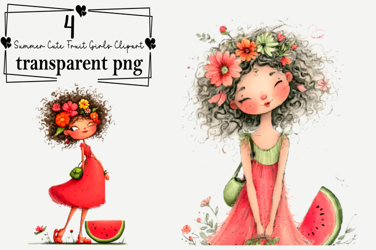 Summer Cute Fruit Girls Clipart Watercolor PNG