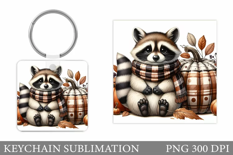 Fall Raccoon Keychain Design. Fall Keychain Sublimation
