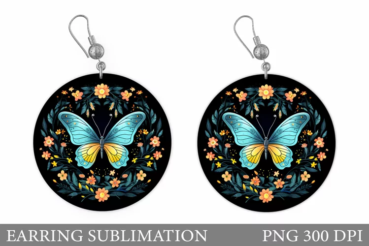 Butterfly Earring Sublimation. Flowers Round Earring