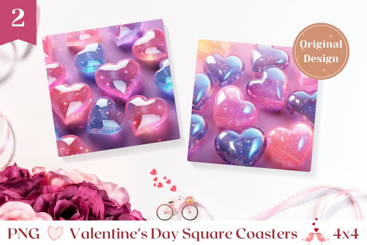 Valentines Square Coasters, 3D Crystal Hearts Coaster Design