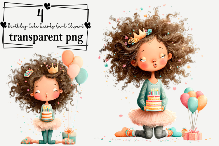 Birthday Cake Quirky Girl Clipart Watercolor PNG