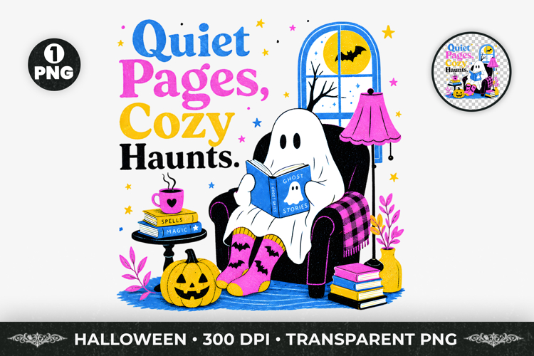 Cozy Haunts Reading Ghost Halloween T-Shirt Design PNG
