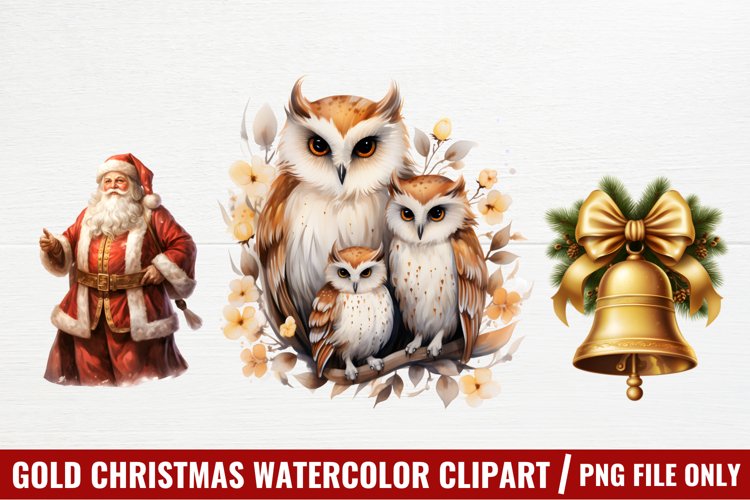 Gold Christmas Watercolor Clipart, Christmas Clipart