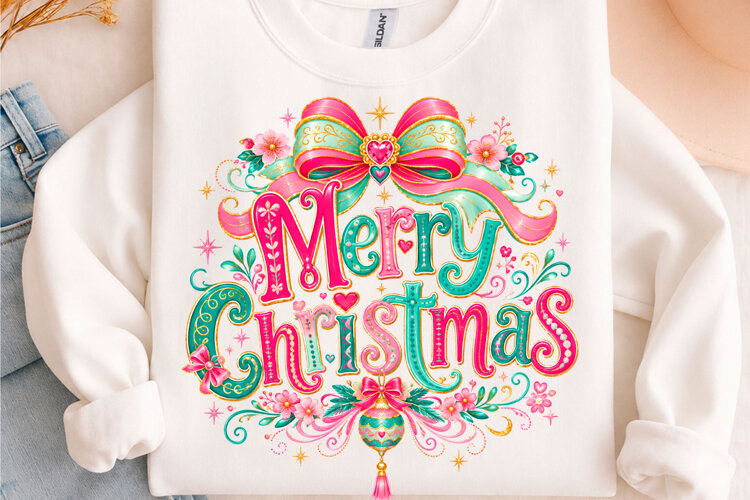 Preppy Pink & Teal Merry Christmas PNG example image 1