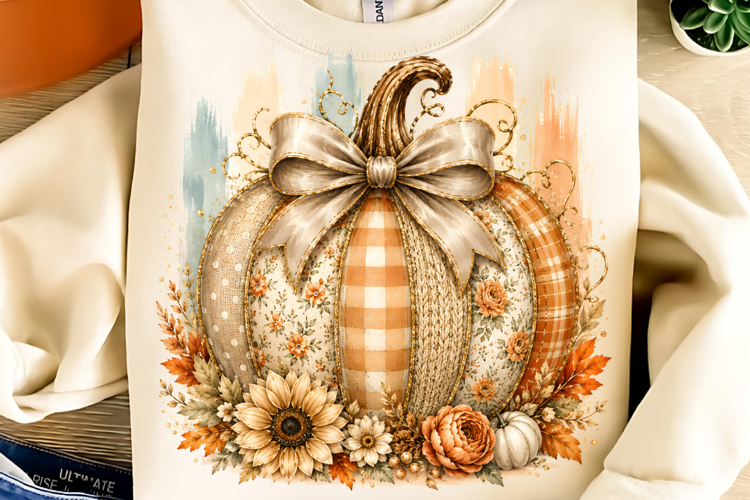 Coquette Patchwork Fall Pumpkin PNG, Autumn Pumpkin PNG