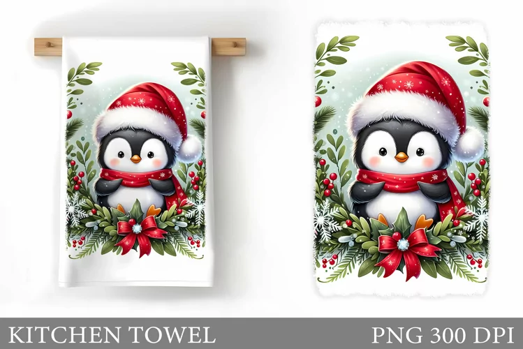 Cute Penguin Kitchen Towel. Christmas Kitchen Towel Design