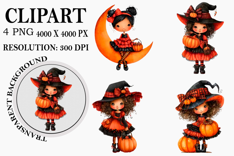 Whimsical Halloween Girl Clipart Watercolor PNG