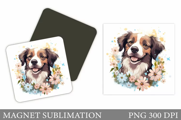 Cute Dog Magnet Design. Dog Flowers Magnet Sublimation