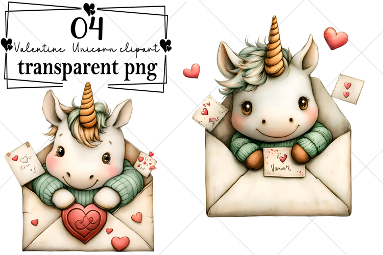 Whimsical Valentine Unicorn Clipart Watercolor PNG
