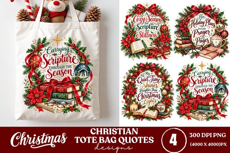 4 Christian Christmas Tote Bag PNGs, 4 Bible Lover Christmas example image 1