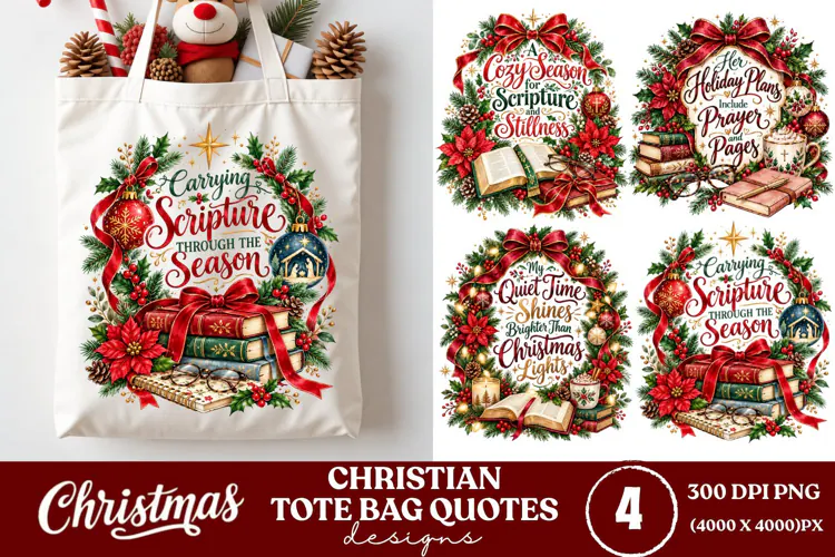 4 Christian Christmas Tote Bag PNGs, 4 Bible Lover Christmas