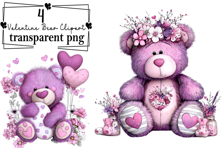 Whimsical Valentine Teddy Bear Clipart Watercolor PNG example image 1