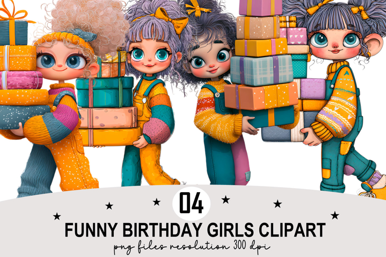 Funny Birthday Girls Clipart Watercolor PNG