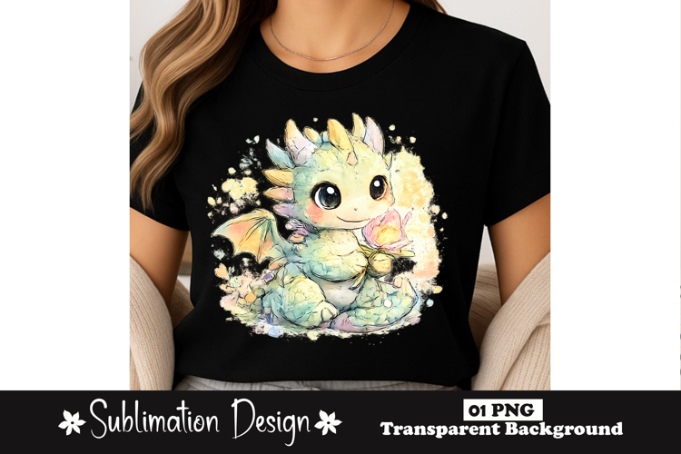 Cute Baby Dragon Holding Flower Kawaii Fantasy Sublimation