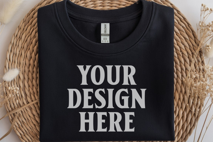 Gildan 64000 Black Folded T-Shirt Mockup | Flat Lay Unisex