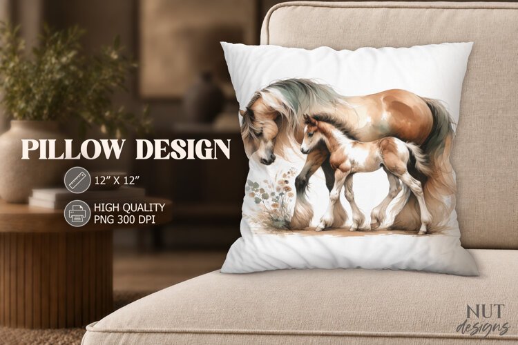 Watercolor Mare and Foal Pillow Farmhouse decor example image 1