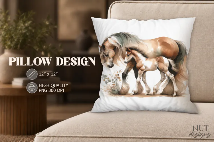 Watercolor Mare and Foal Pillow Farmhouse decor