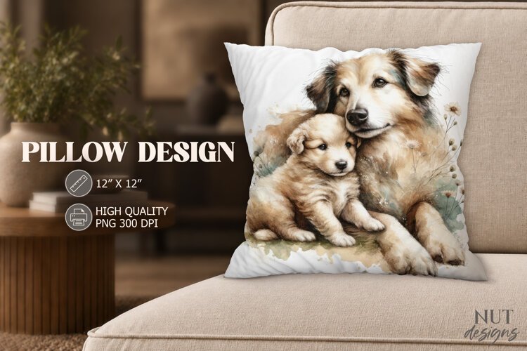 Watercolor Dog and Puppy Pillow Farmhouse decor example image 1