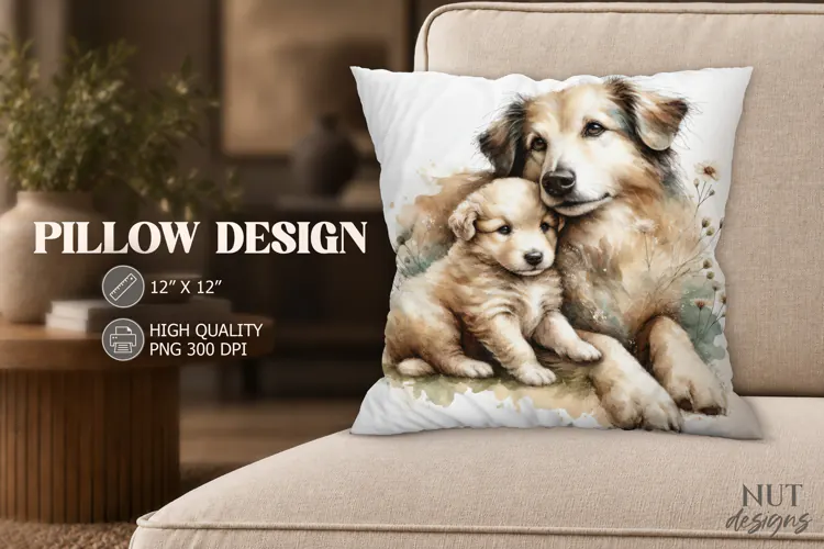 Watercolor Dog and Puppy Pillow Farmhouse decor