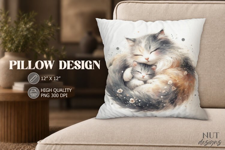 Sleeping Cat and Kitten Pillow PNG Farmhouse decor example image 1