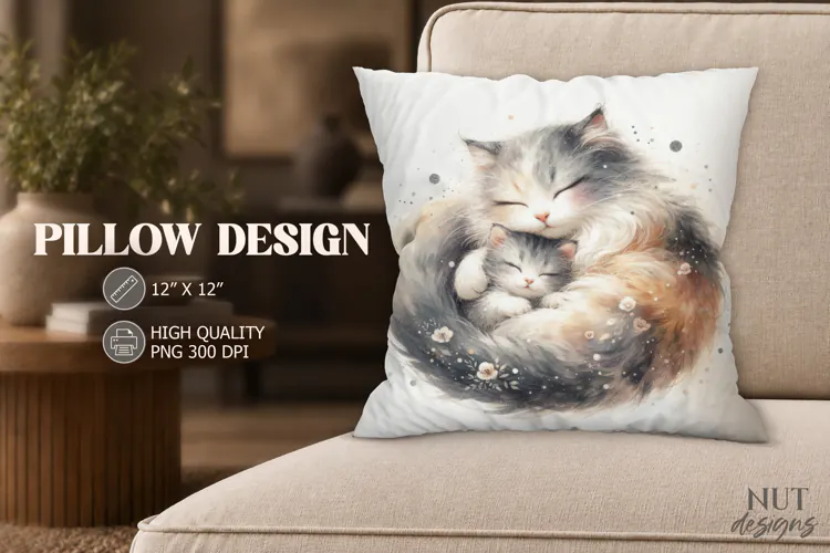 Sleeping Cat and Kitten Pillow PNG Farmhouse decor