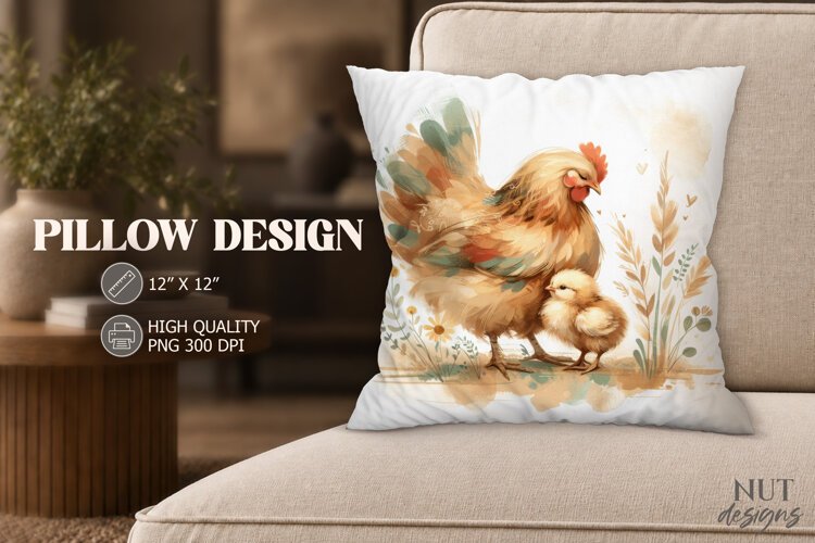 Watercolor Hen and Chick Pillow PNG Farmhouse decor example image 1