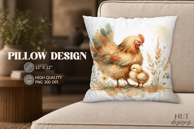 Watercolor Hen and Chick Pillow PNG Farmhouse decor