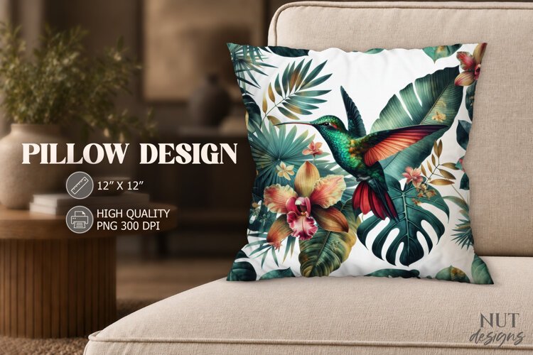 Tropical Hummingbird Pillow, Hummingbird with flowers example image 1