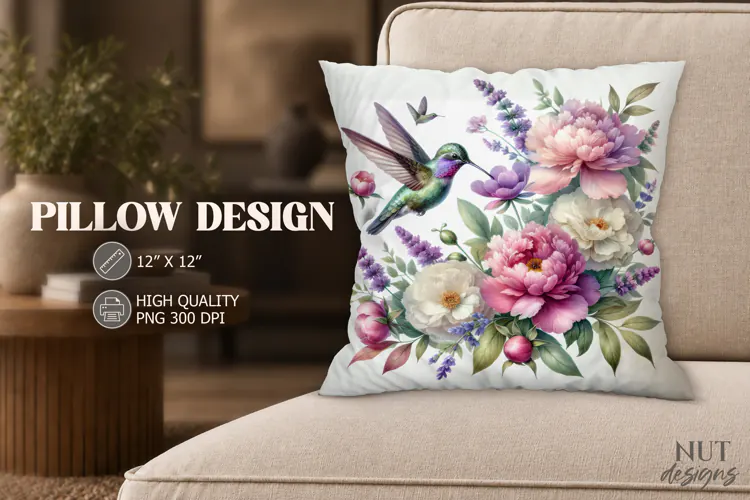 Floral Hummingbird Pillow, Hummingbird with flowers