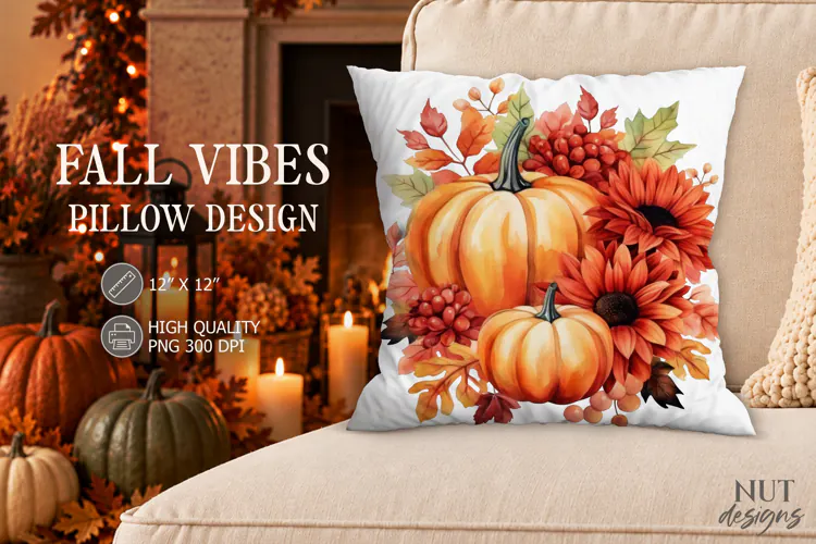Fall Pumpkin Sunflower Pillow PNG
