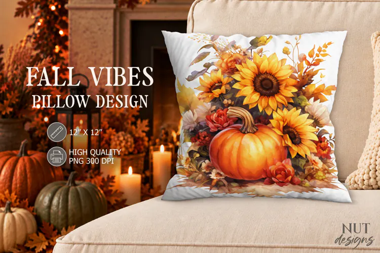 Fall Sunflower Pumpkin Pillow PNG