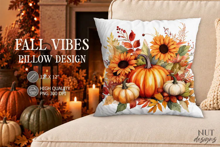 Autumn Pumpkin Sunflower Pillow PNG