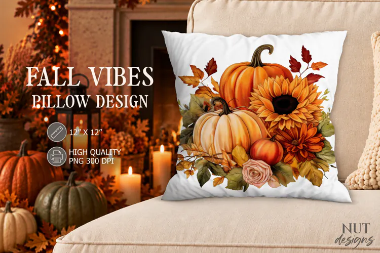 Fall Pumpkin Sunflower Pillow PNG