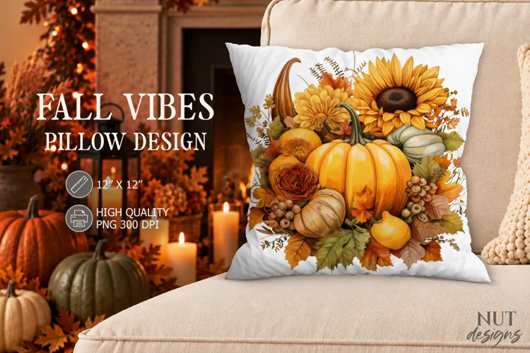 Fall Sunflower Pumpkin Pillow PNG