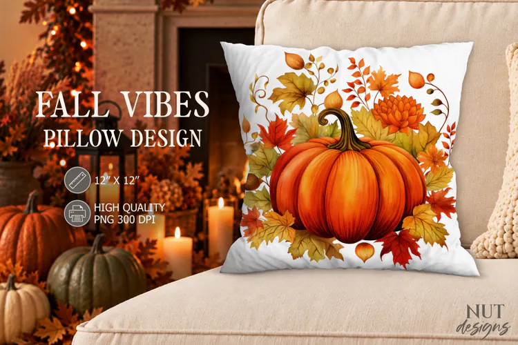 Fall Pumpkin and Maple Leaves Pillow PNG autumn decor